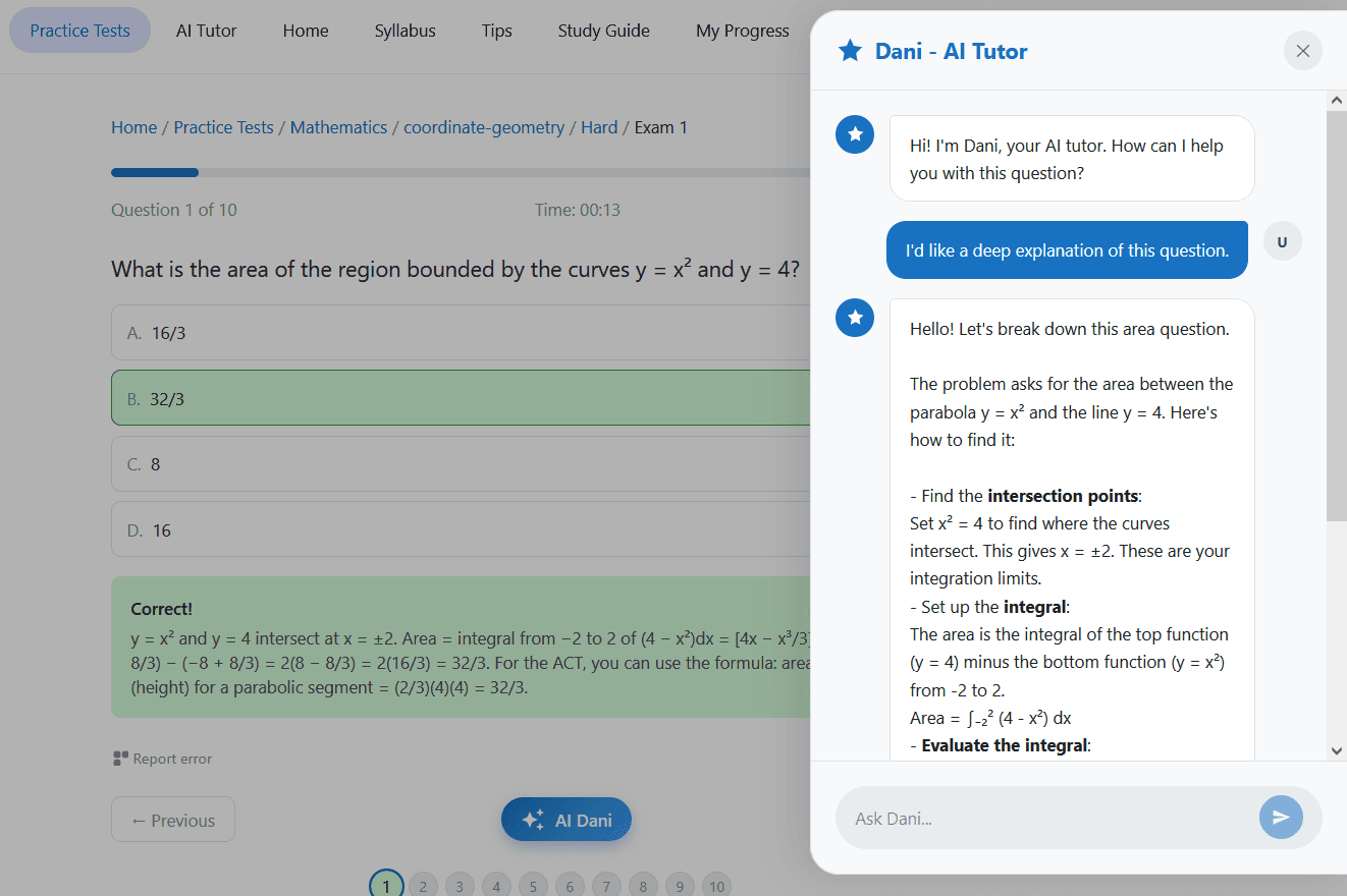 Practice test view with step-by-step AI Teacher explanation