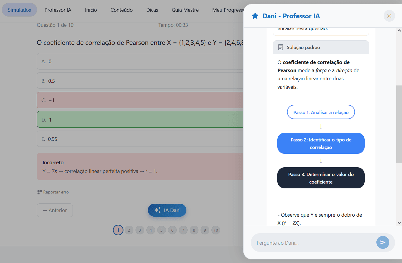 Vista do simulado com explicação passo a passo do Professor IA